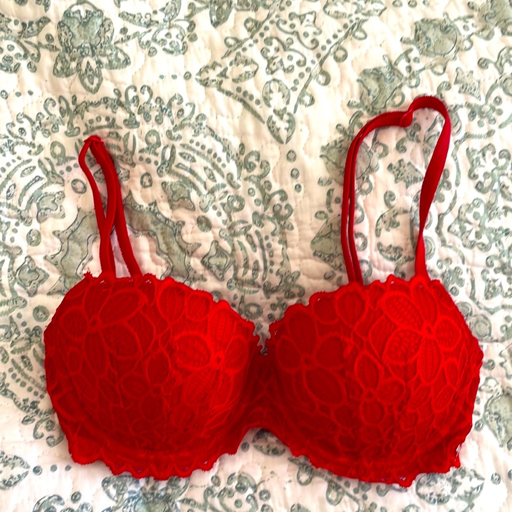PINK 32C red push up floral lace bra